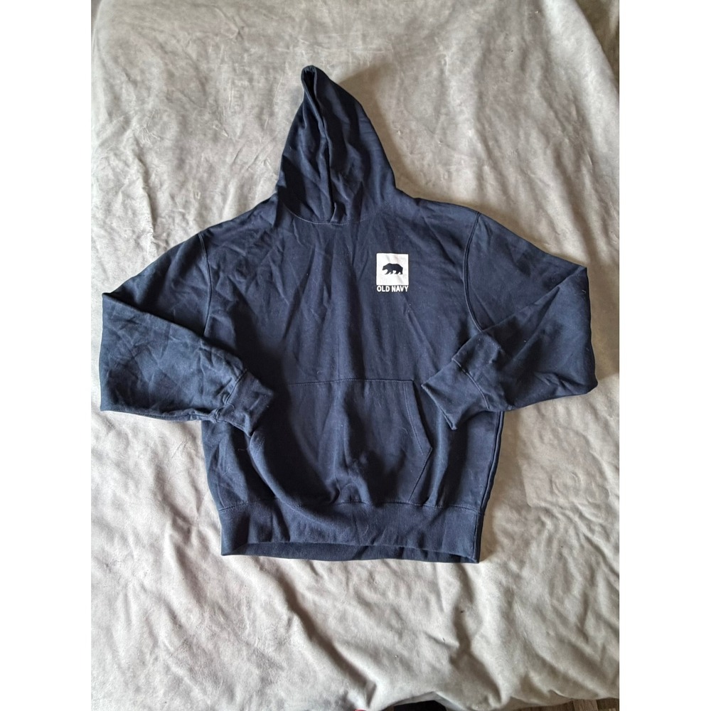 Old Navy Mens XL Navy Blue Bear Graphic Pullover Fleece Hoodie Sweatshirt